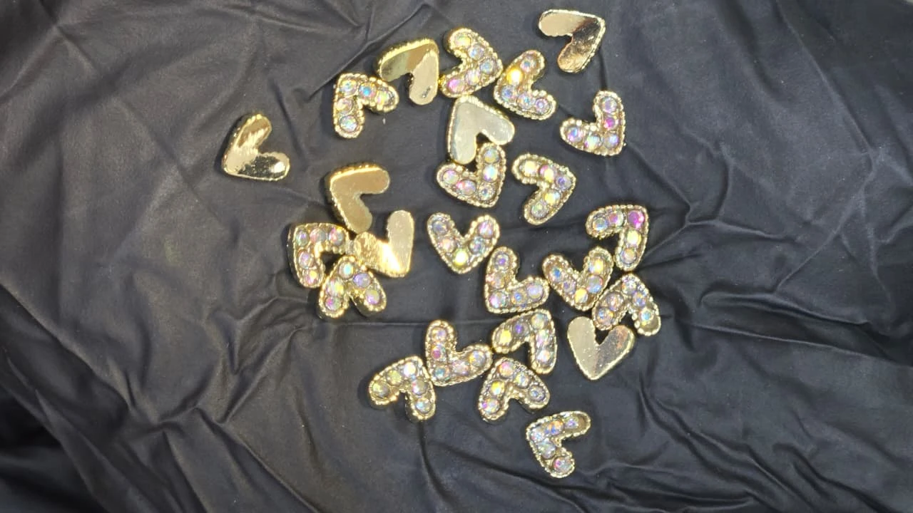Gold and crystal heart nail charms